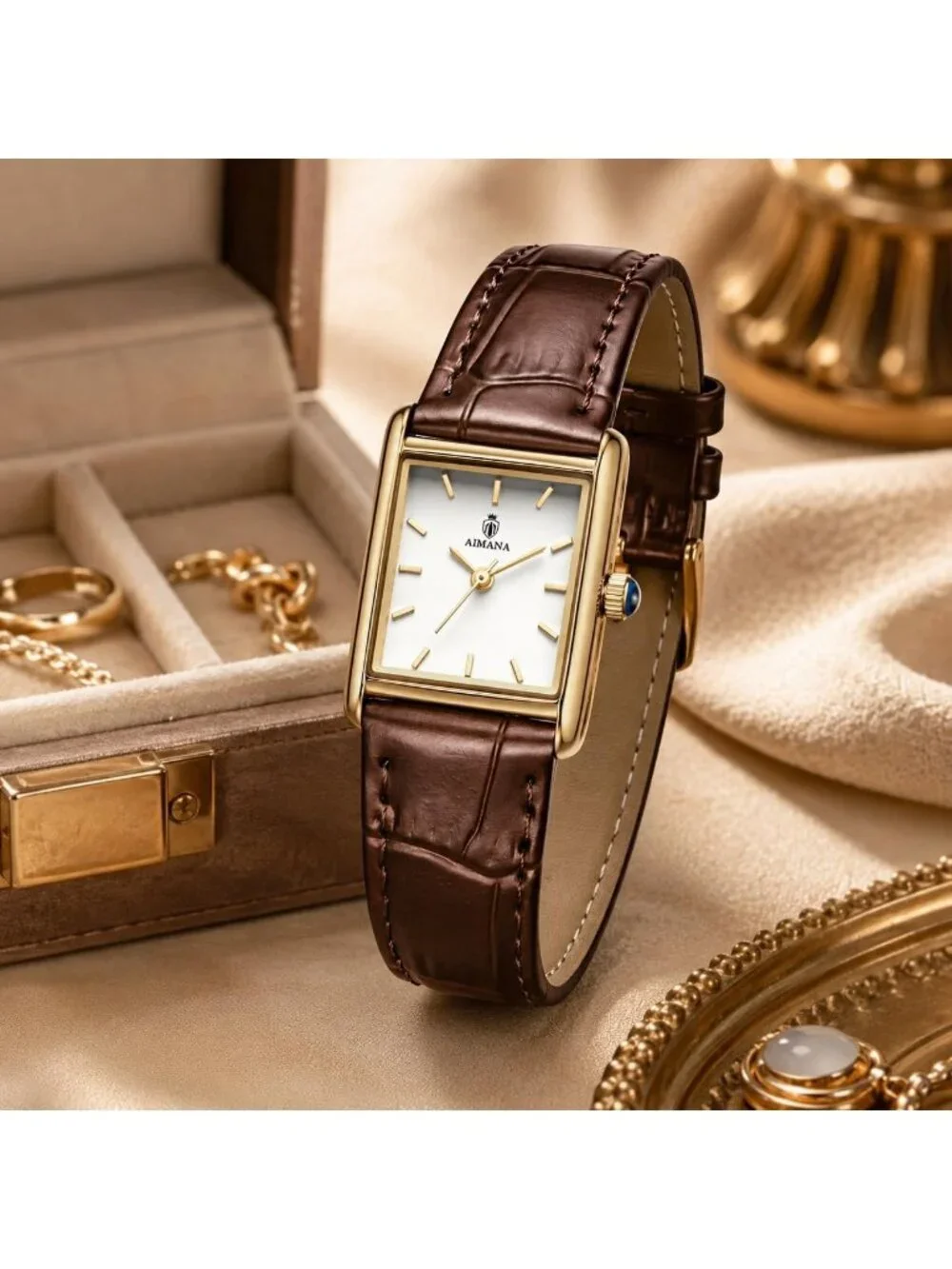 Women's Gold Case Brown Rectangle Vintage Leather Strap  Quartz Movement Watch